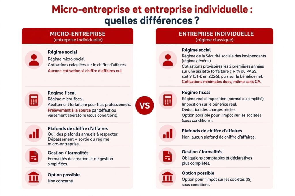 tableau de comparaison entre micro-entreprise et entreprise individuelle