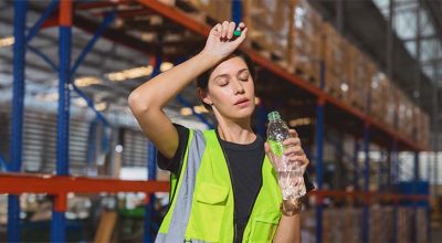 employée dans usine qui souffre de la canicule mais dont l'entreprise respecte les nouvelles obligations employeur en cas de chaleur au travail